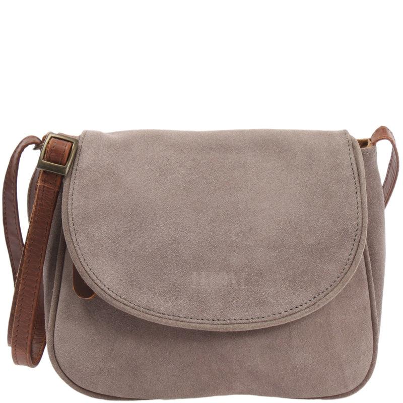 Leconi kleine Umhängetasche Ledertasche Damentasche Schultertasche Veloursleder grau LE3047