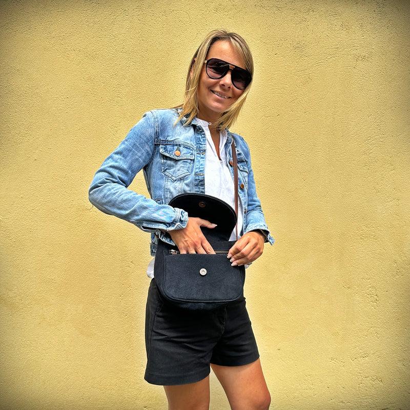 Leconi Kleine Umhängetasche Ledertasche Damentasche Schultertasche Veloursleder Anthrazit LE3047