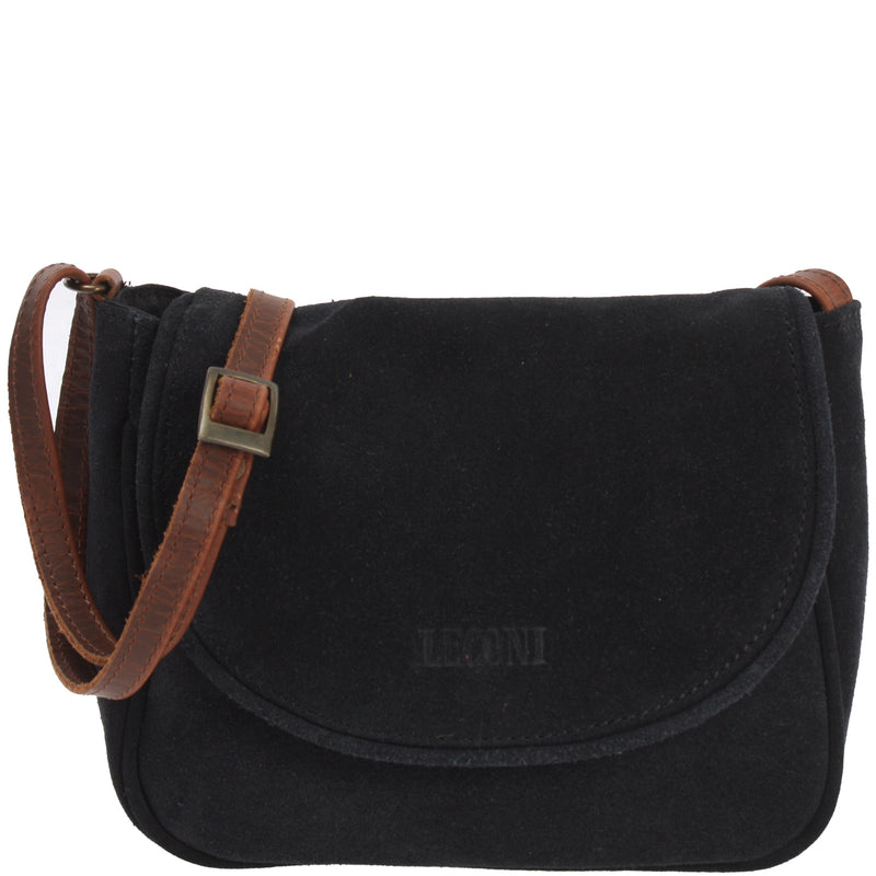 Leconi kleine Umhängetasche Ledertasche Damentasche Schultertasche Veloursleder anthrazit LE3047