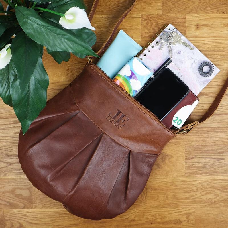 Leconi Kleine Umhängetasche Ledertasche Damentasche Schultertasche Leder Braun LE0070