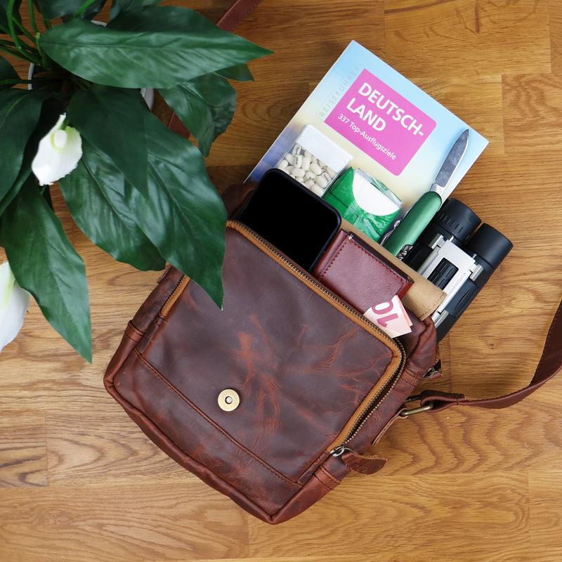 Leconi Kleine Umhängetasche Ledertasche Freizeittasche Leder Braun LE3042