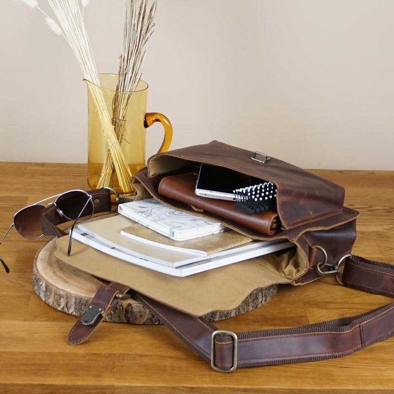 Leconi Kleine Umhängetasche Schultertasche Damen Herren Leder Braun LE3023