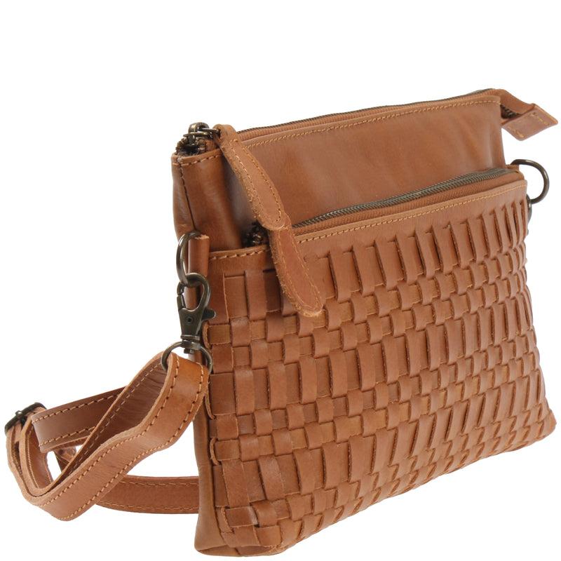 Leconi Kleine Umhängetasche Schultertasche Damentasche Clutch Leder Cognac LE3081