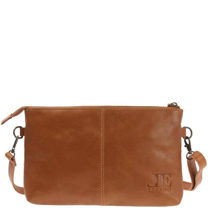 Leconi Kleine Umhängetasche Schultertasche Damentasche Clutch Leder Cognac LE3081