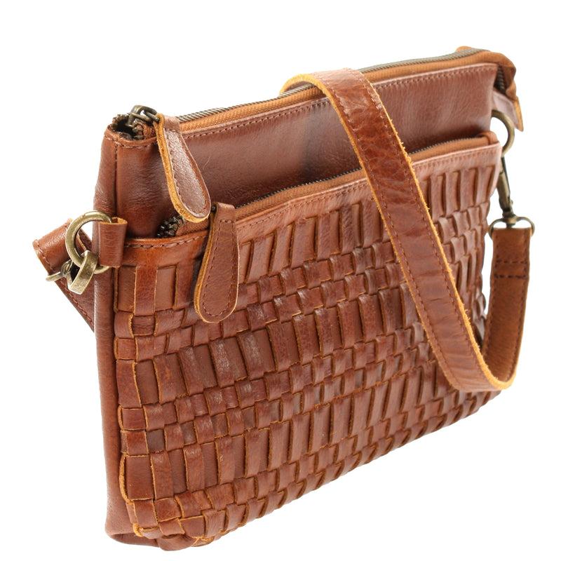 Leconi Kleine Umhängetasche Schultertasche Damentasche Clutch Leder Braun LE3081