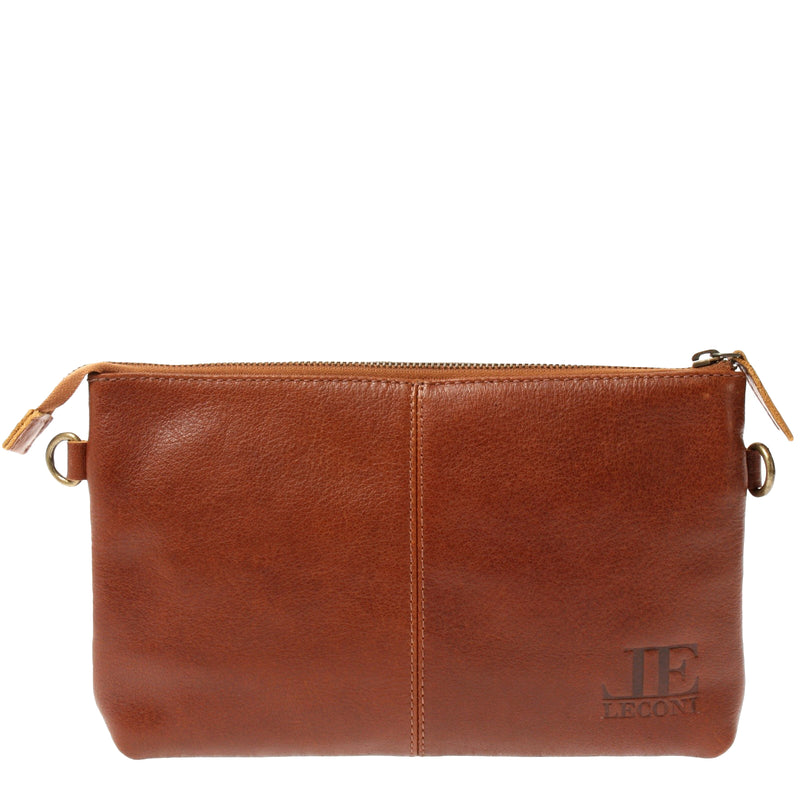 Leconi Kleine Umhängetasche Schultertasche Damentasche Clutch Leder Braun LE3081