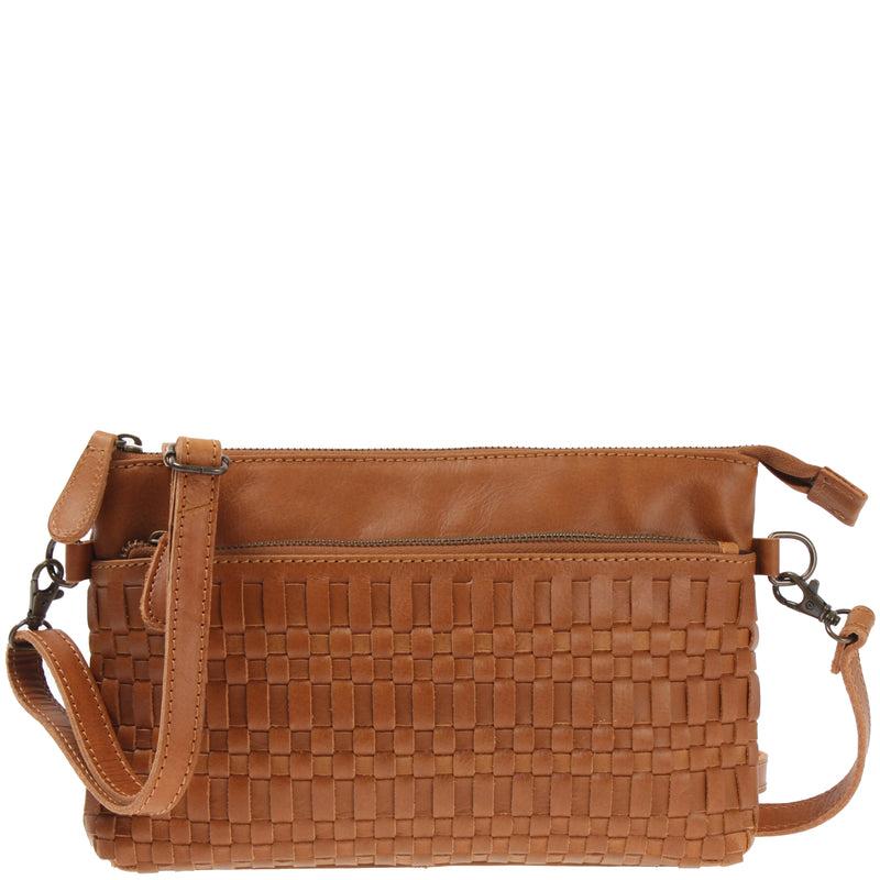 Leconi kleine Umhängetasche Schultertasche Damentasche Clutch Leder cognac LE3081