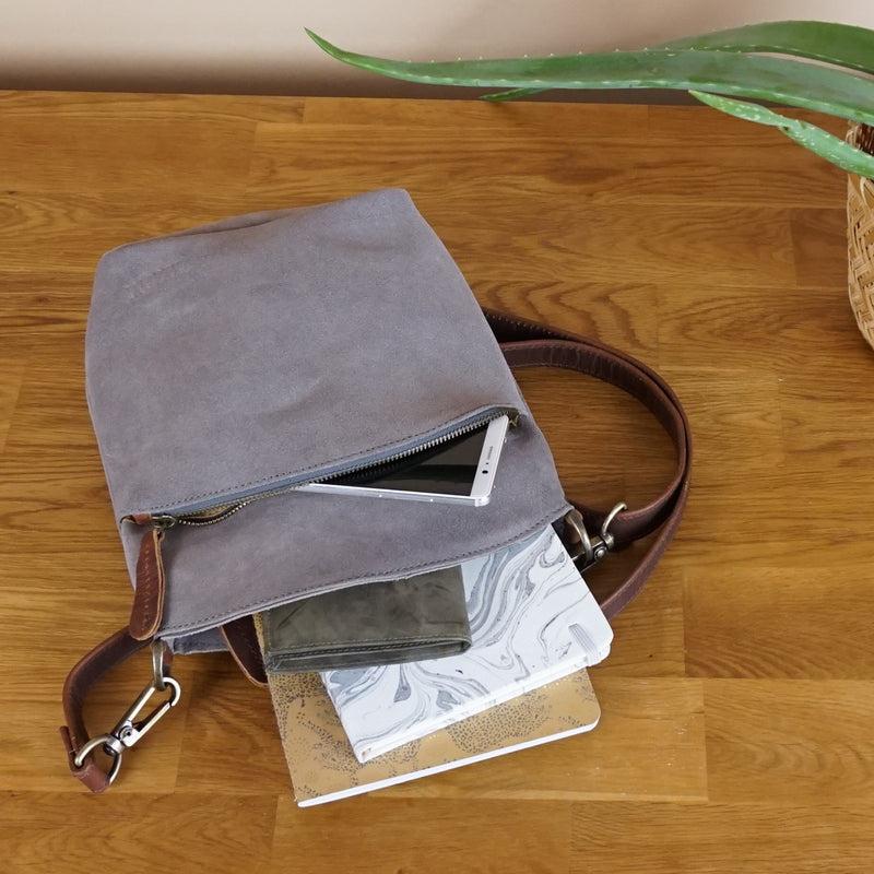 Leconi Kleine Umhängetasche Schultertasche Freizeittasche Wildleder Grau LE3049