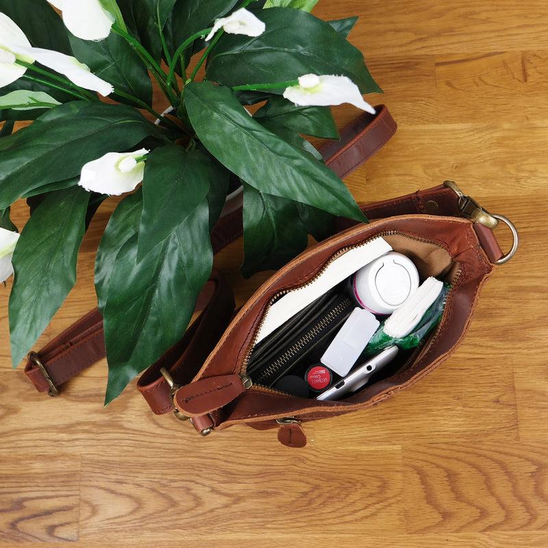 Leconi Kleine Umhängetasche Schultertasche Freizeittasche Leder Braun LE3049