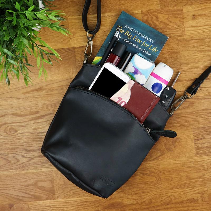 Leconi Kleine Umhängetasche Schultertasche Freizeittasche Leder Schwarz LE3049