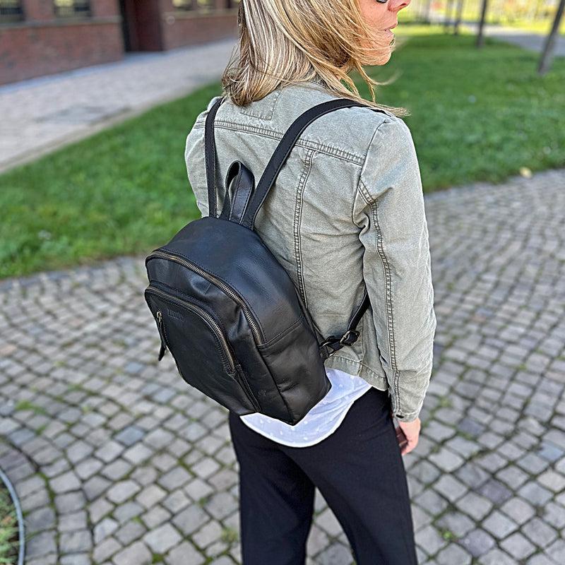 Leconi Kleiner Rucksack Freizeitrucksack Lederrucksack Leder Schwarz LE1011