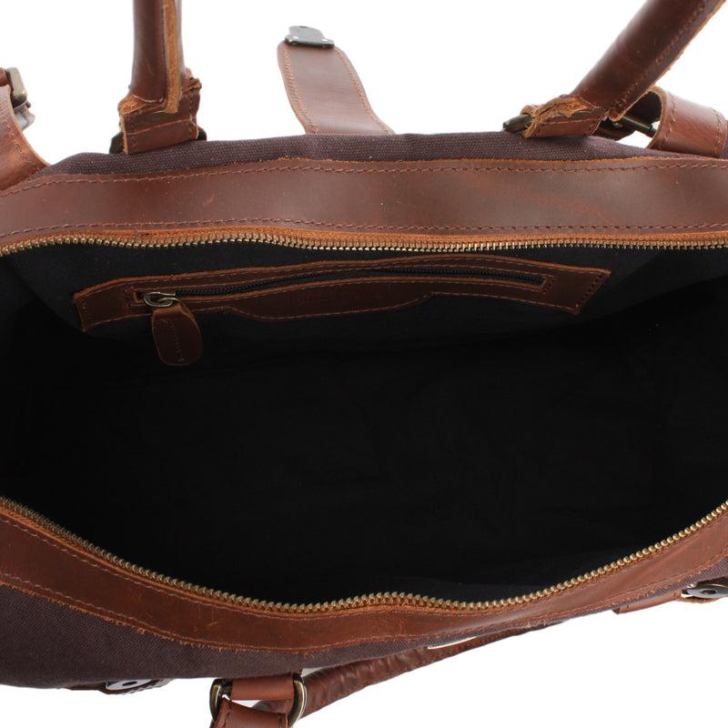 Leconi Kleiner Weekender Handgepäck Damen Herren Leder Canvas Mokka LE2008