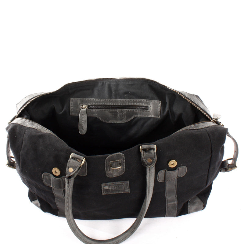 Leconi Kleiner Weekender Handgepäck Damen Herren Leder Canvas Schwarz LE2008
