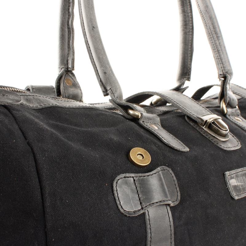 Leconi Kleiner Weekender Handgepäck Damen Herren Leder Canvas Schwarz LE2008