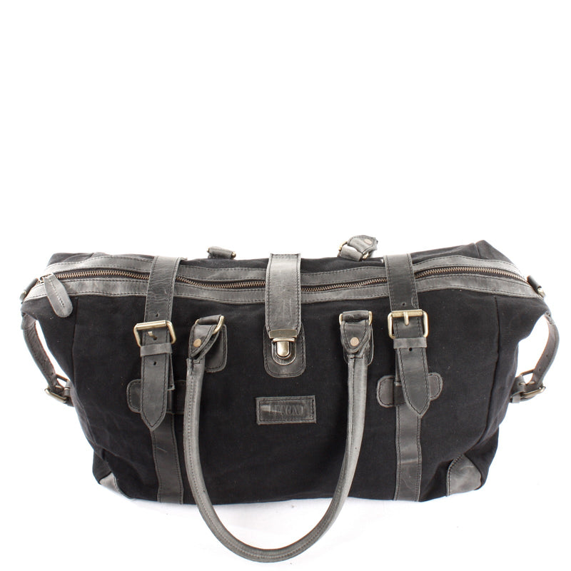 Leconi Kleiner Weekender Handgepäck Damen Herren Leder Canvas Schwarz LE2008