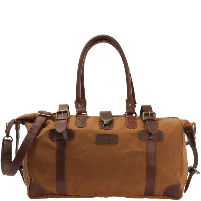 Leconi kleiner Weekender Handgepäck Damen Herren Leder Canvas cognac LE2008