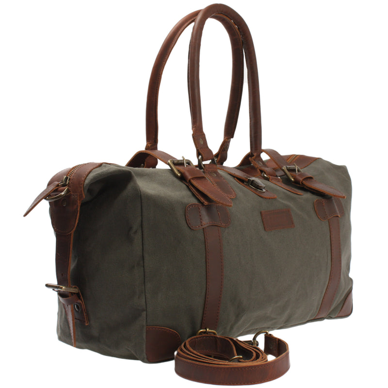 Leconi Kleiner Weekender Handgepäck Damen Herren Leder Canvas Grün LE2008
