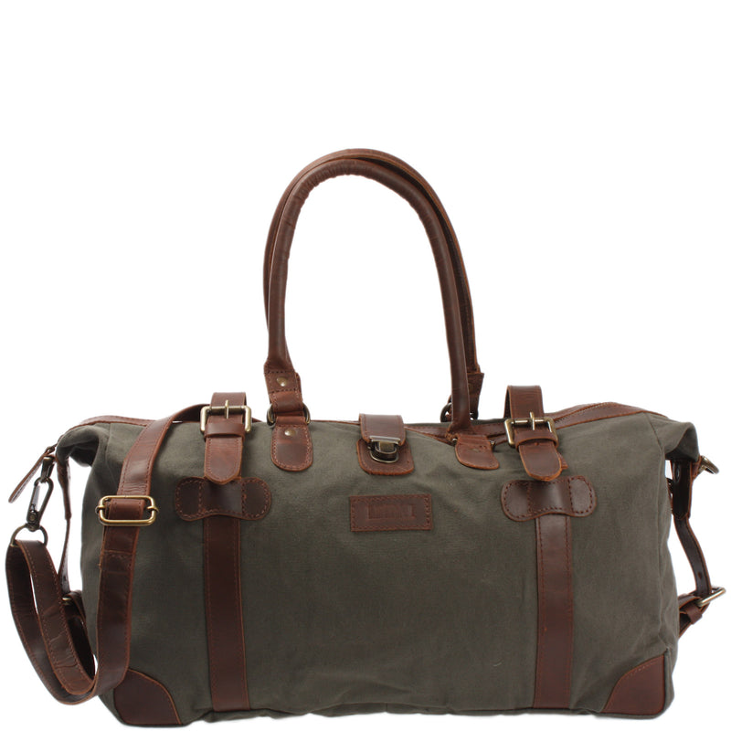 Leconi kleiner Weekender Handgepäck Damen Herren Leder Canvas grün LE2008
