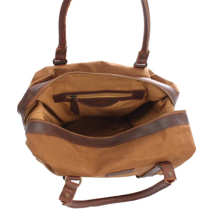 Leconi Kleiner Weekender Shopper Damen Herren Leder Canvas Cognac LE2006