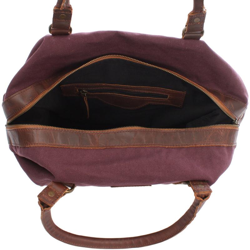 Leconi Kleiner Weekender Shopper Damen Herren Leder Canvas Bordeaux LE2006