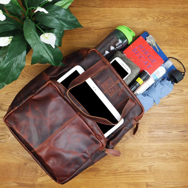 Leconi Lederrucksack Freizeitrucksack Damen Herren DIN A4 Leder Braun LE1019