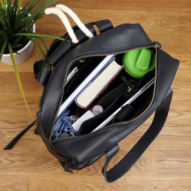 Leconi Lederrucksack Freizeitrucksack Damen Herren DIN A4 Leder Schwarz LE1019