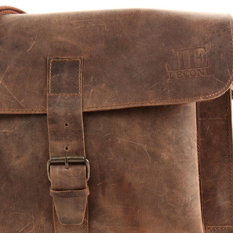 Leconi Messenger Bag Aktentasche Damen Herren Leder Vintage Braun LE3054