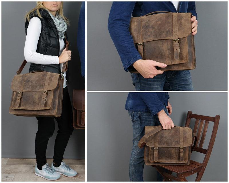 Leconi Messenger Bag Aktentasche Damen Herren Leder Vintage Braun LE3055