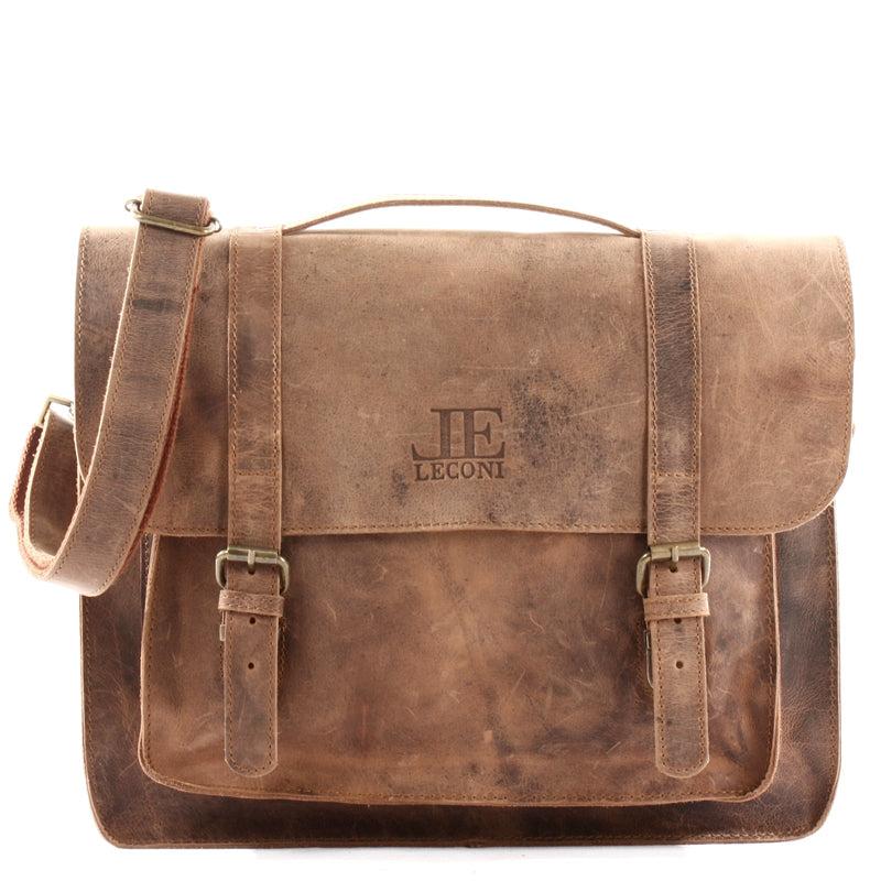 Leconi Messenger Bag Aktentasche Damen Herren Leder vintage braun LE3055