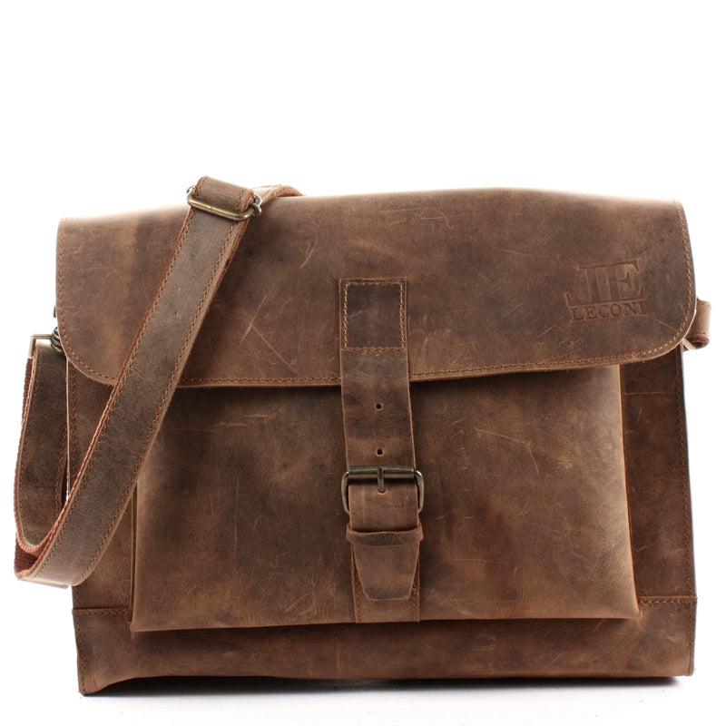 Leconi Messenger Bag Aktentasche Damen Herren Leder vintage braun LE3054