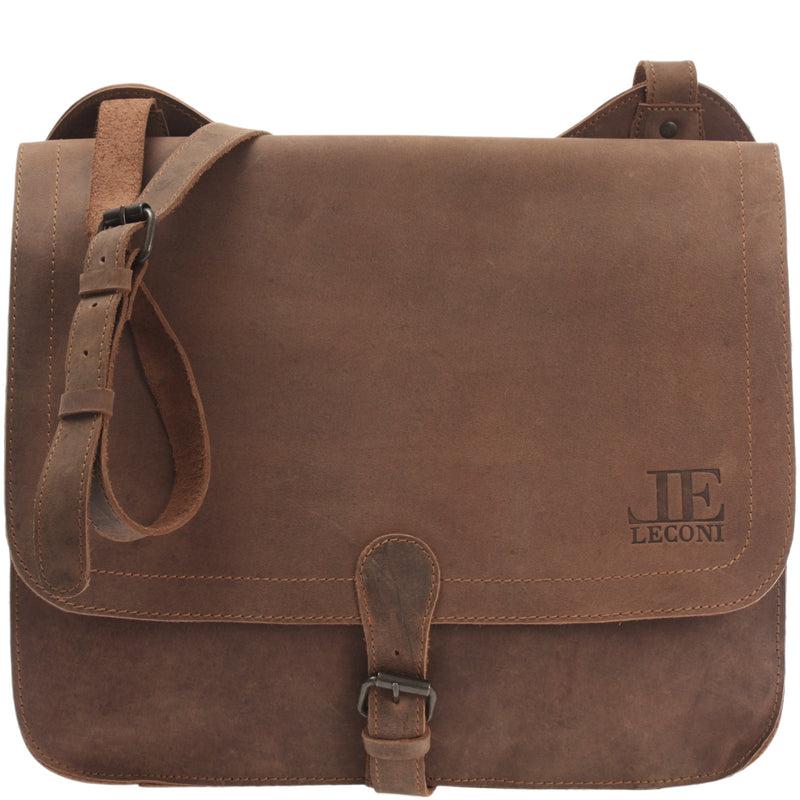 Leconi Messenger Bag Aktentasche Damen Herren Vintage Leder braun LE3020
