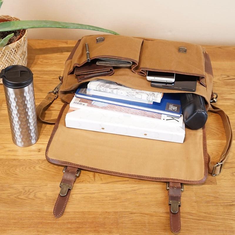 Leconi Messenger Bag Din A4 Kuriertasche Leder Canvas Cognac LE3018