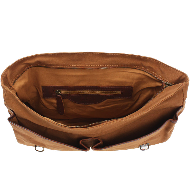 Leconi Messenger Bag Din A4 Kuriertasche Leder Canvas Cognac LE3018