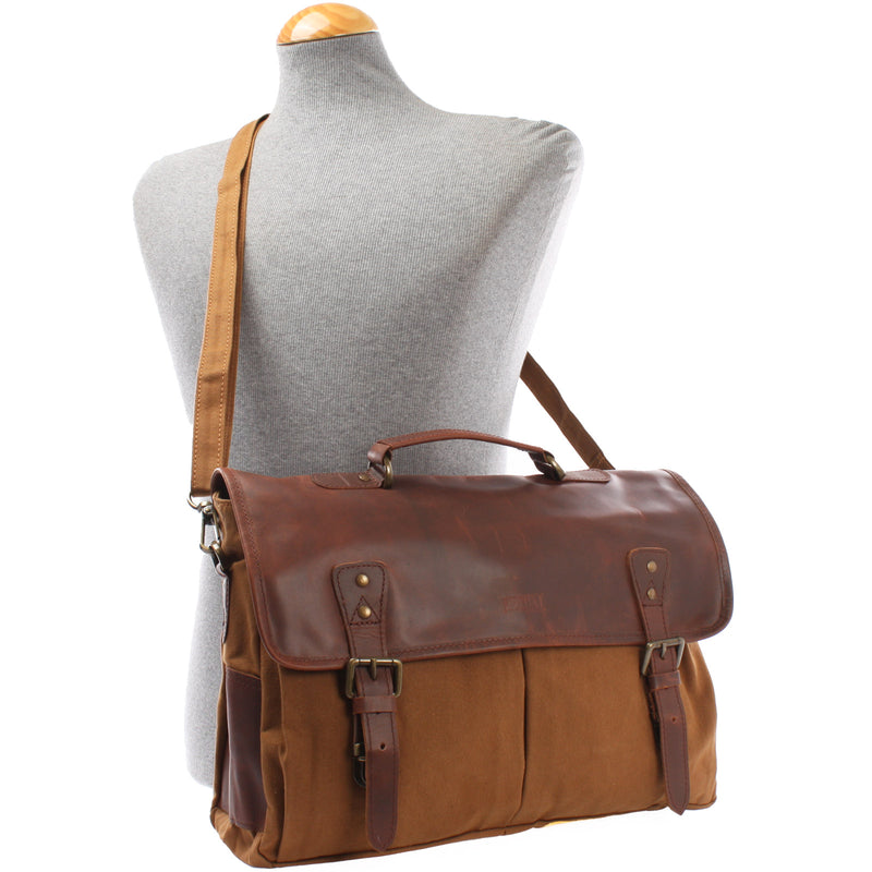 Leconi Messenger Bag Din A4 Kuriertasche Leder Canvas Cognac LE3018