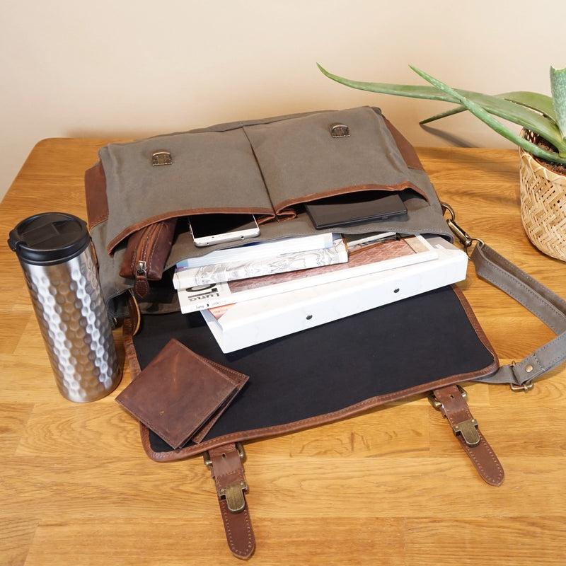 Leconi Messenger Bag Din A4 Kuriertasche Leder Canvas Grau LE3018