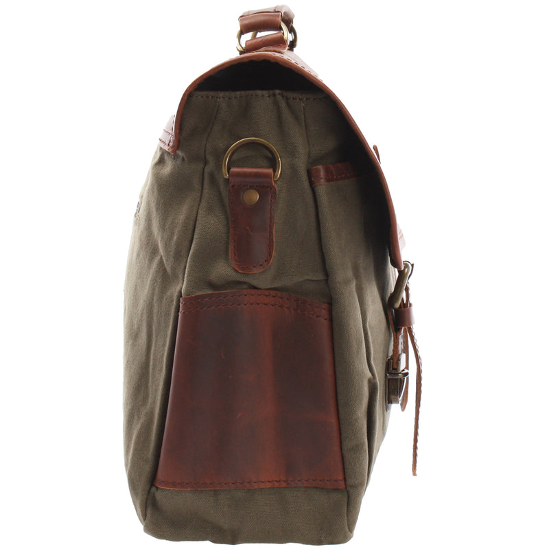 Leconi Messenger Bag Din A4 Kuriertasche Leder Canvas Grün LE3018