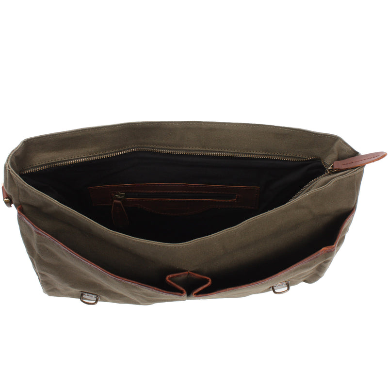 Leconi Messenger Bag Din A4 Kuriertasche Leder Canvas Grün LE3018