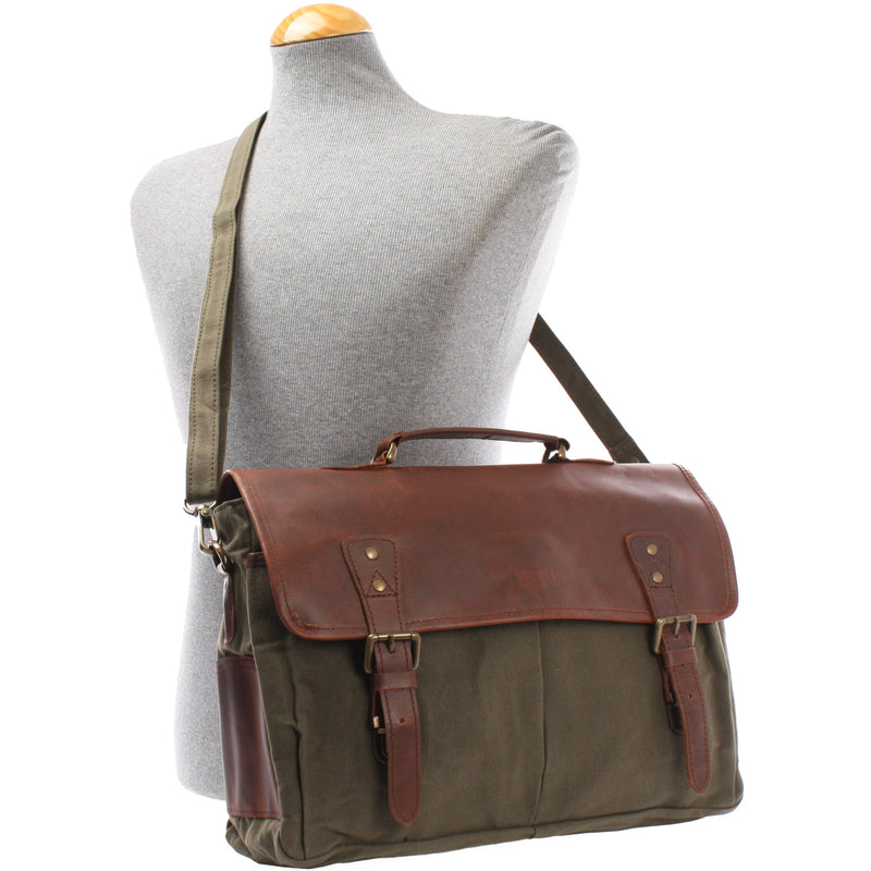 Leconi Messenger Bag Din A4 Kuriertasche Leder Canvas Grün LE3018