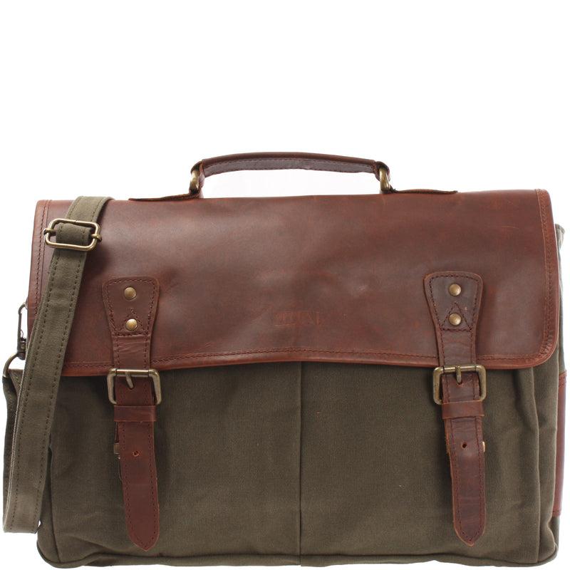 Leconi Messenger Bag Din A4 Kuriertasche Leder Canvas grün LE3018
