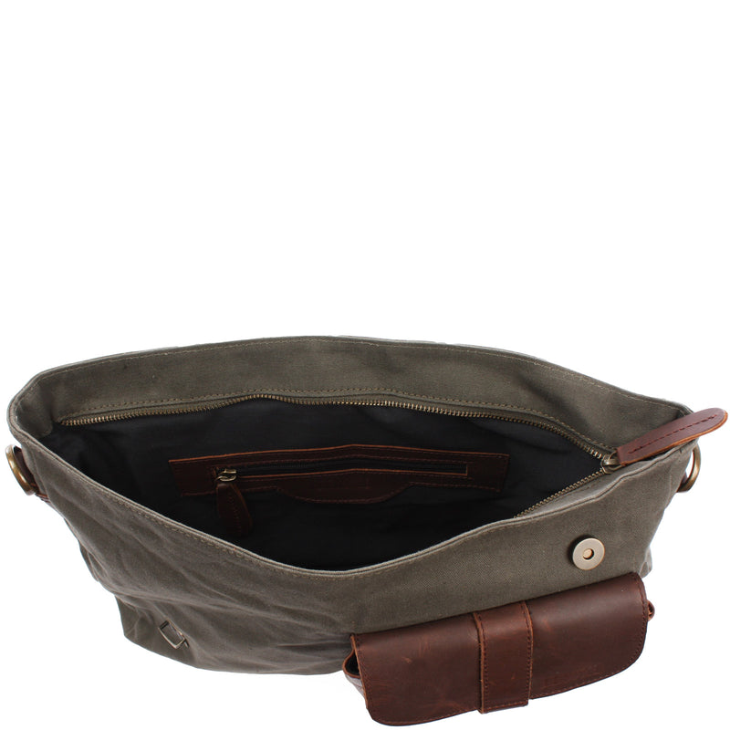 Leconi Messenger Bag Kuriertasche DIN A4 Leder Canvas Grün LE3032