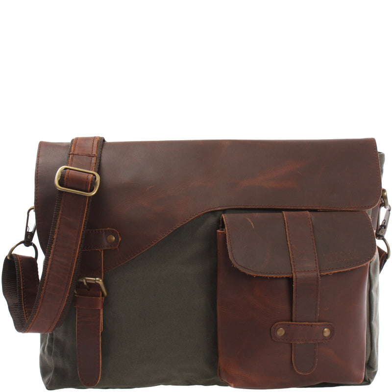 Leconi Messenger Bag Kuriertasche DIN A4 Leder Canvas grün LE3032