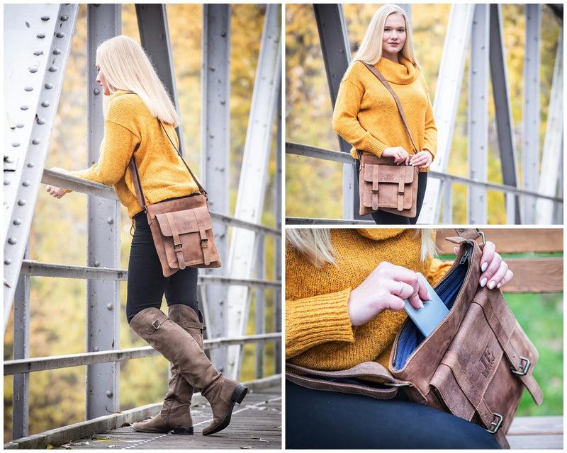 Leconi Mittelgroße Umhängetasche Ledertasche Damen Herren Vintage Leder Braun LE3036