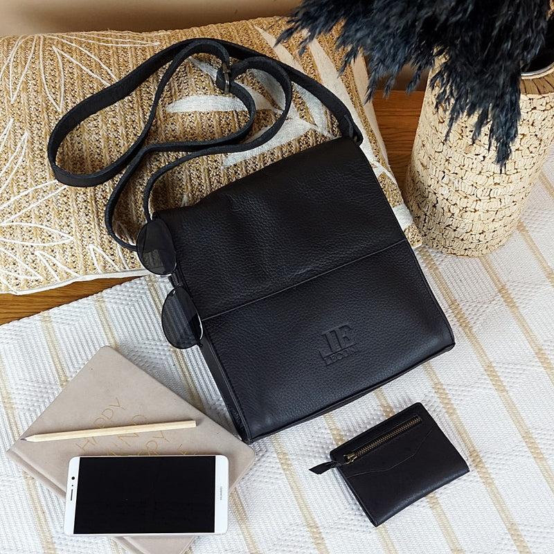 Leconi Mittlere Schultertasche Umhängetasche Damentasche Leder Schwarz LE3089