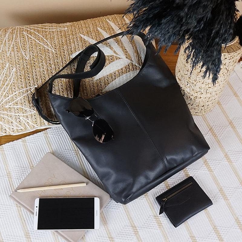 Leconi Mittlere Umhängetasche Schultertasche Damentasche Leder Schwarz LE0073