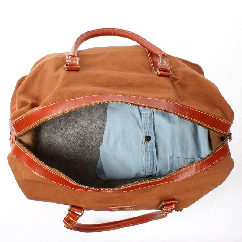 Leconi Reisetasche Weekender Handgepäck Leder Canvas Cognac LE2010