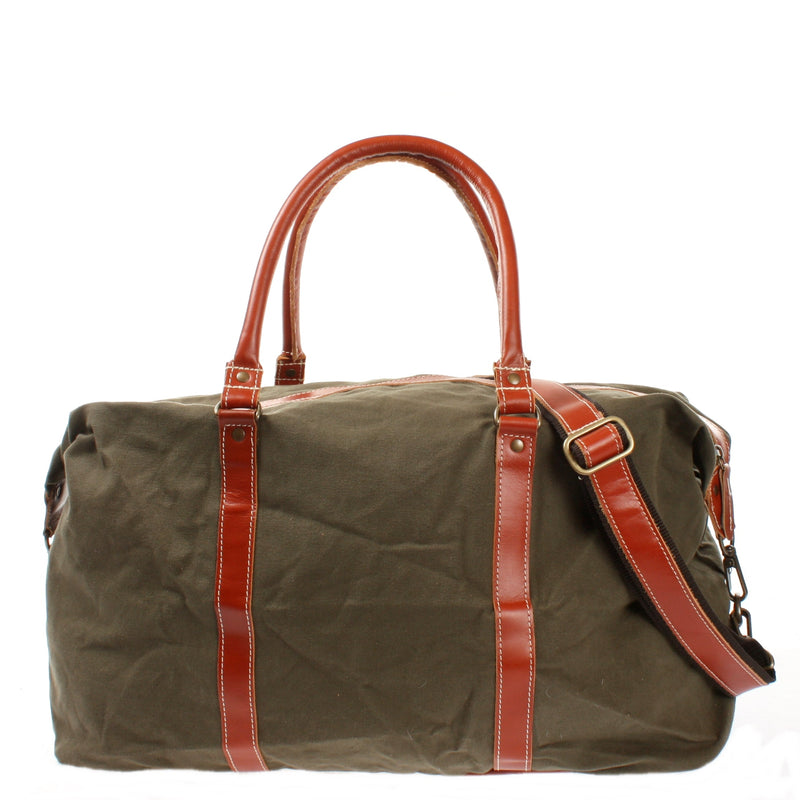 Leconi Reisetasche Weekender Handgepäck Leder Canvas Grün LE2010