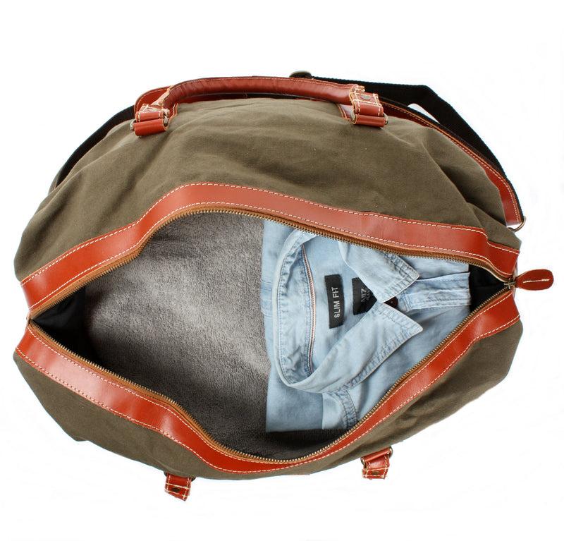 Leconi Reisetasche Weekender Handgepäck Leder Canvas Grün LE2010