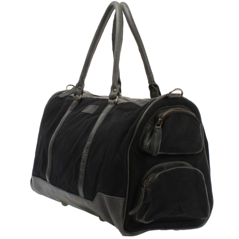 Leconi Reisetasche Weekender Sporttasche Damen Herren Leder Canvas Schwarz LE2017