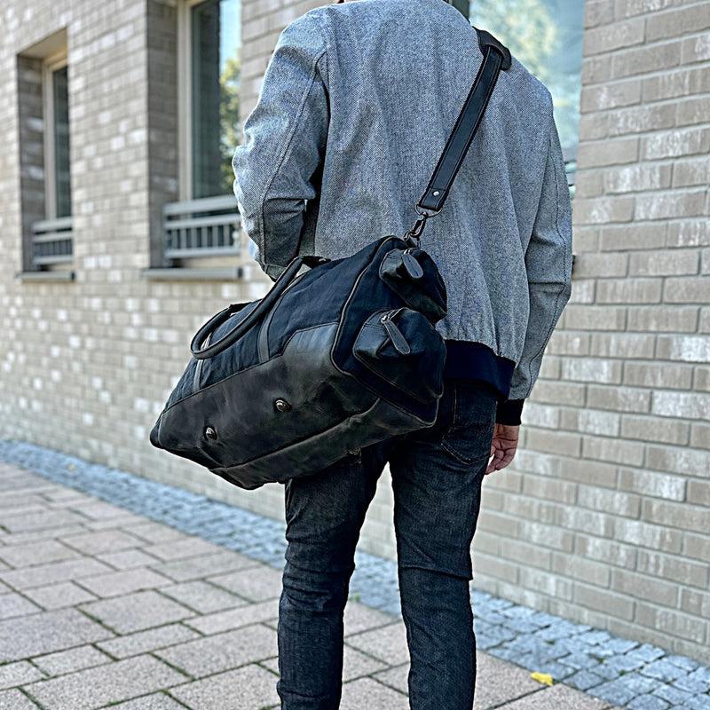 Leconi Reisetasche Weekender Sporttasche Damen Herren Leder Canvas Schwarz LE2017