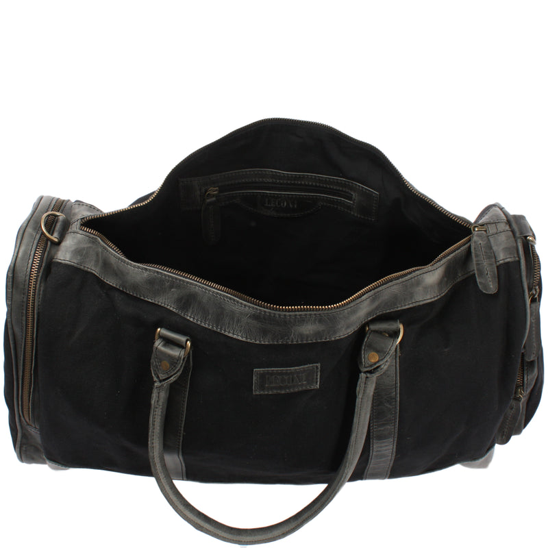 Leconi Reisetasche Weekender Sporttasche Damen Herren Leder Canvas Schwarz LE2017